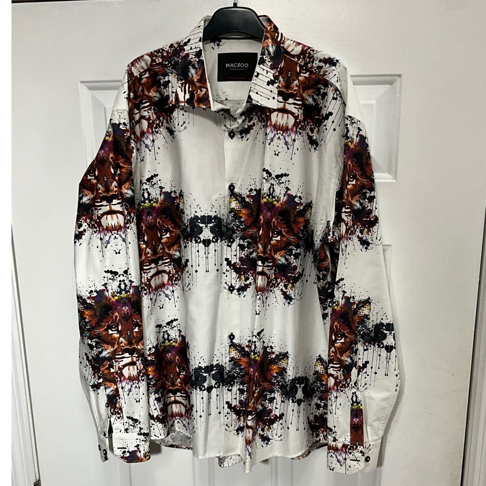 Maceoo Mens 2XL White Lion Graphic Italian Digital Fabric Button Down Shirt